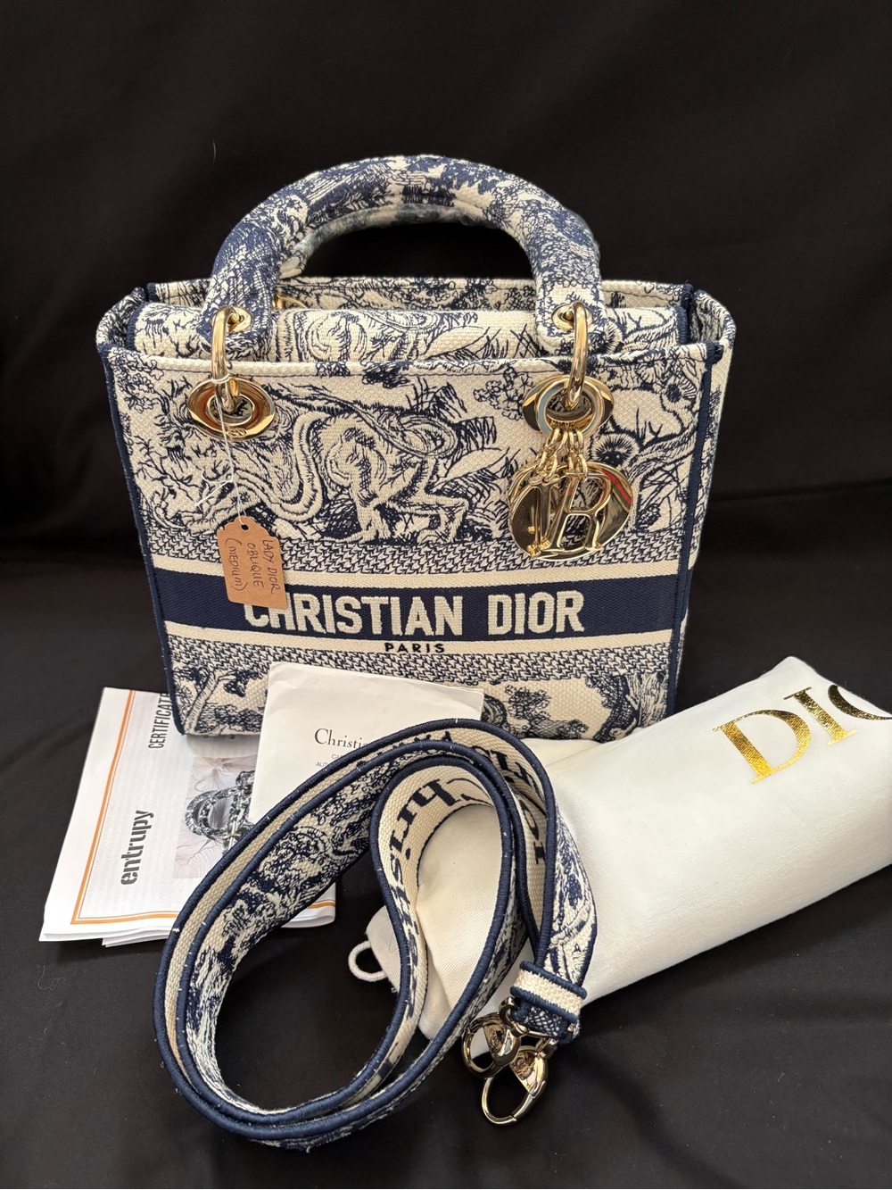 CHRISTIAN DIOR Canvas Tote Embroidered Medium Lady DLite Navy LIKE NEW Condition - Picture 13 of 13